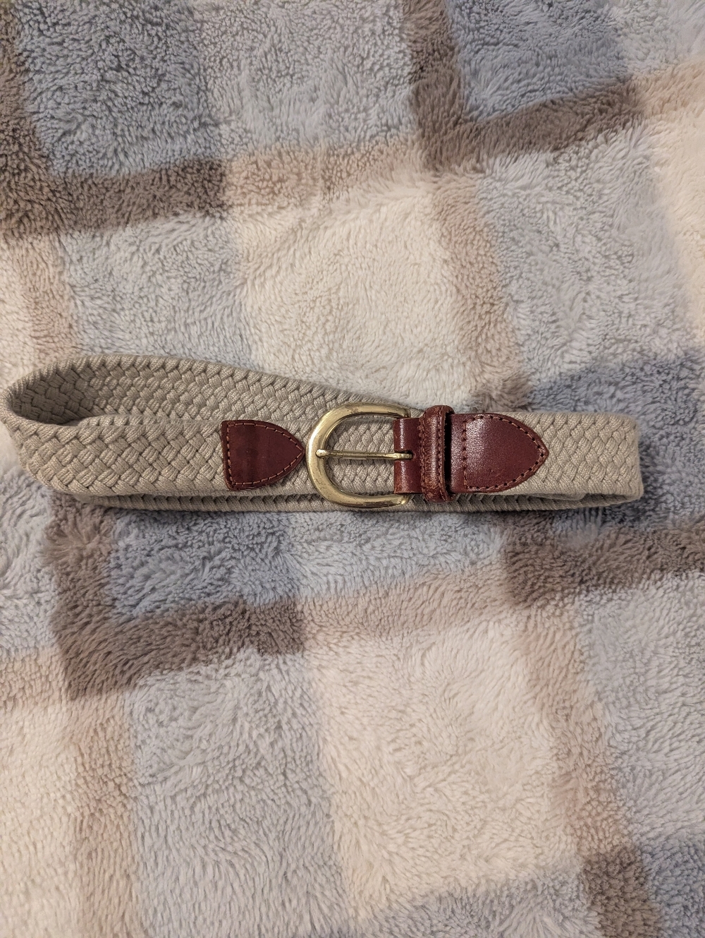 Talbots Vintage Women's Elastic Belt Braided Woven Taupe Leather Brass Medium